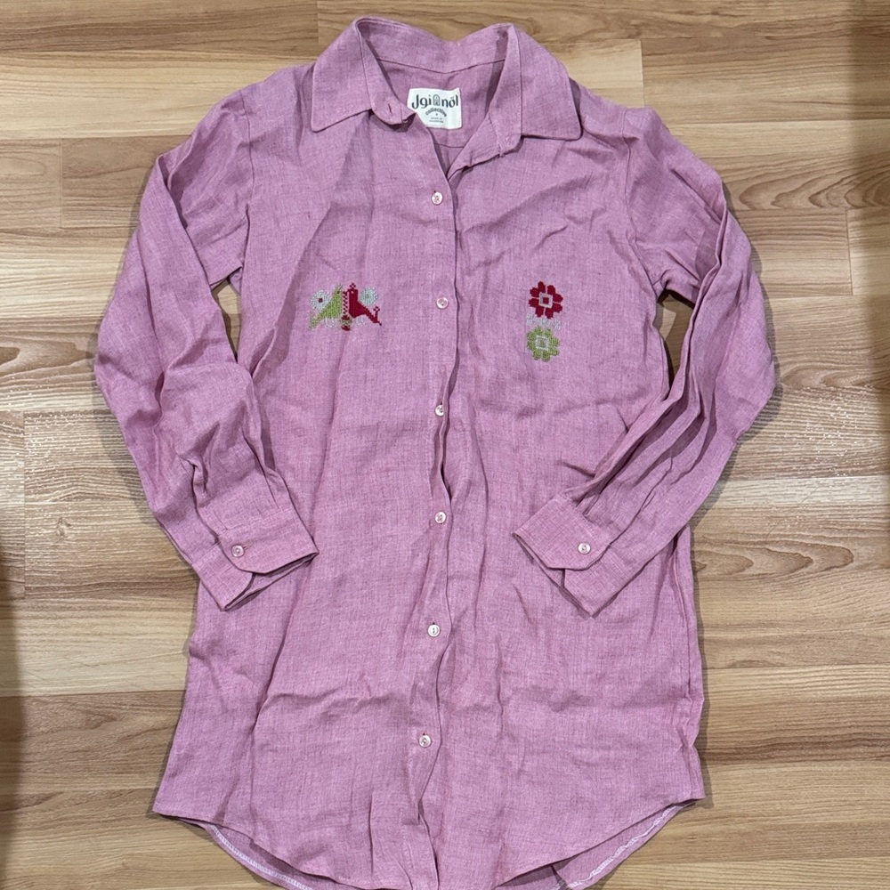 Pink Button-Up Shirt 100% linen with Embroidered Details